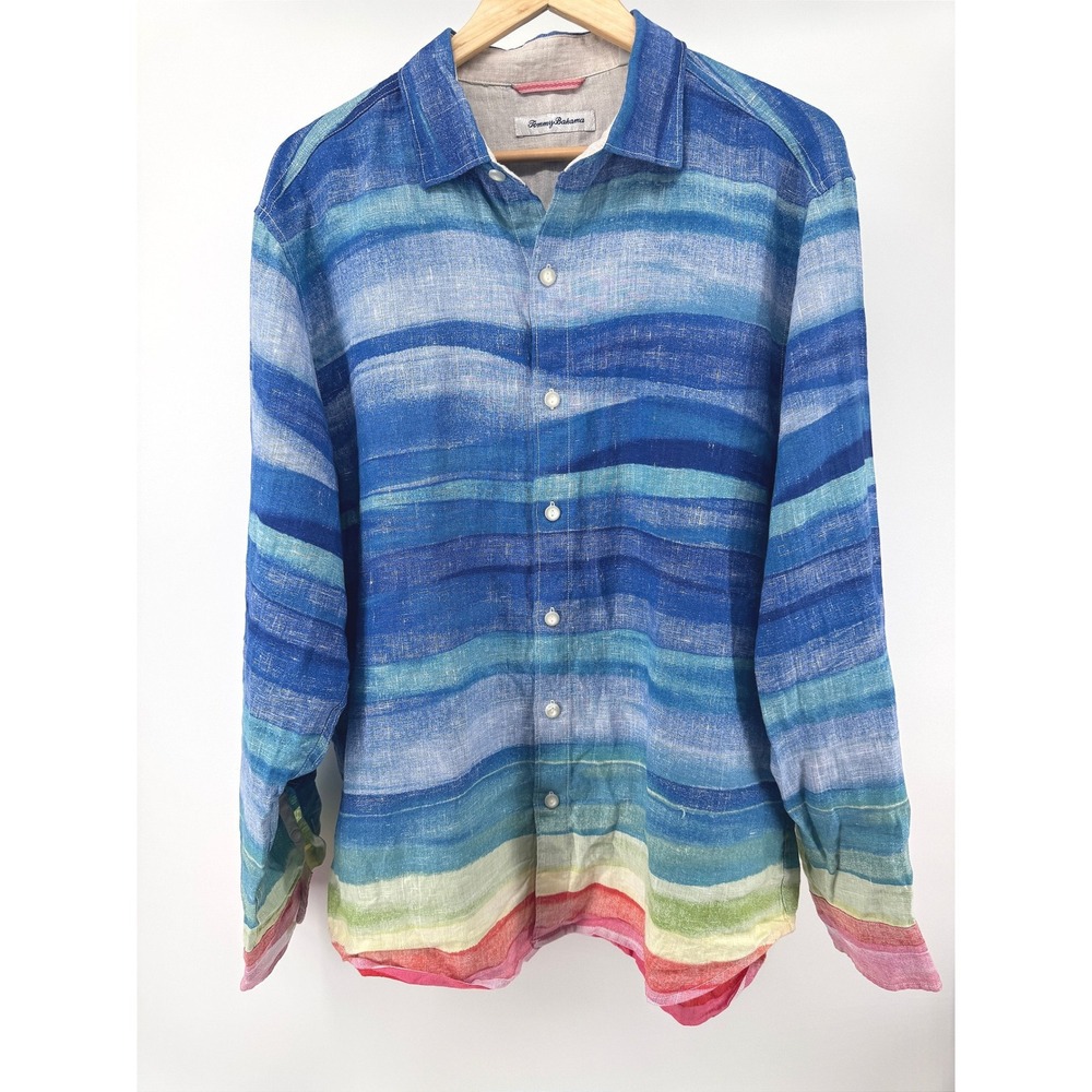 Tommy Bahama Button‎ Down Shirt Mens Large Blue Striped Linen  Soleil Horizon